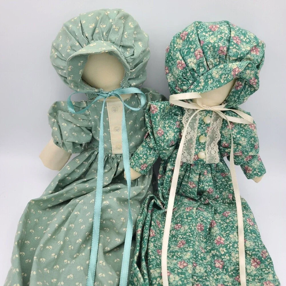 Cloth Dolls Country Folk Art Faceless Amish Style Set Of 2 Vintage